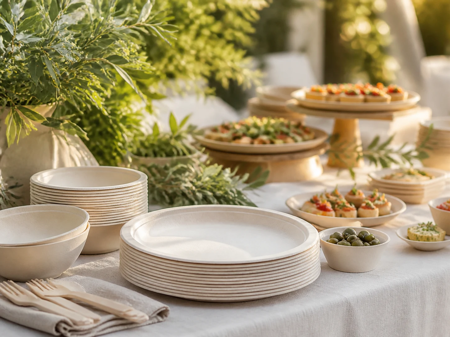Teller und Schüsseln aus Formfaser auf einem Catering-Tisch im Freien