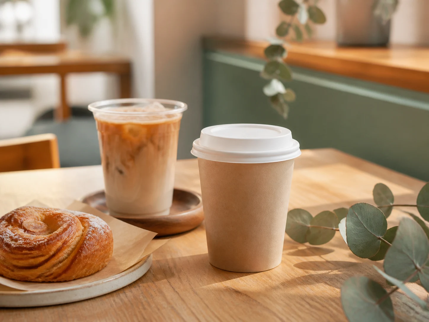 Unbedruckter Kaffeebecher aus Pappe und ein Getränk mit Eis auf einem Cafétisch