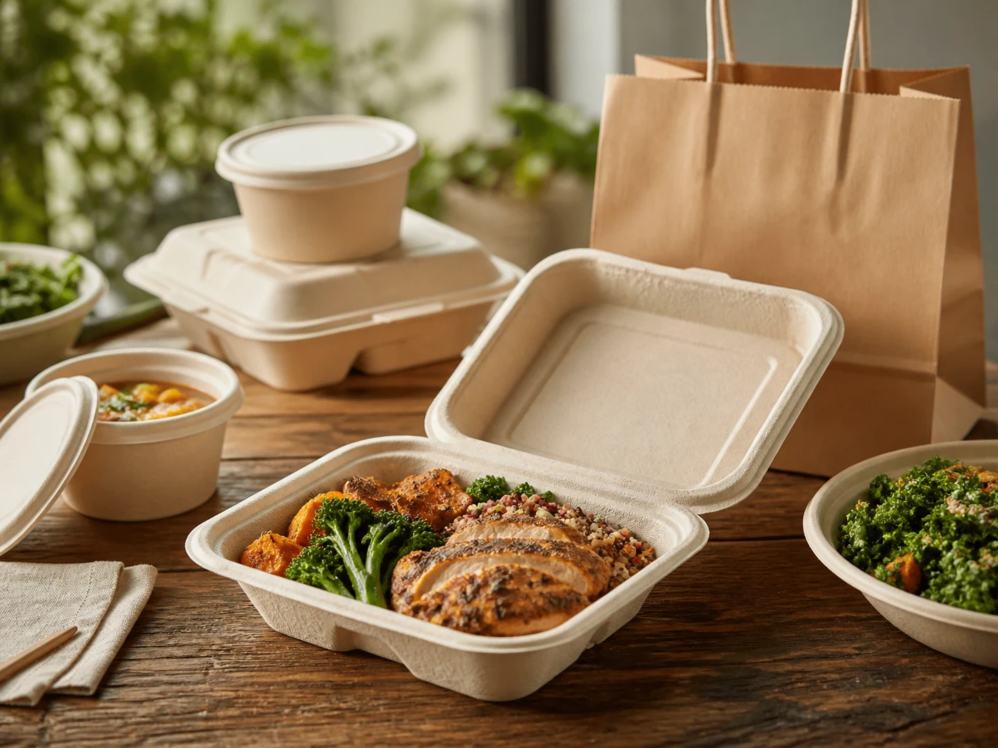 Take-away-Behälter aus Faserformmaterial mit zubereiteten Speisen